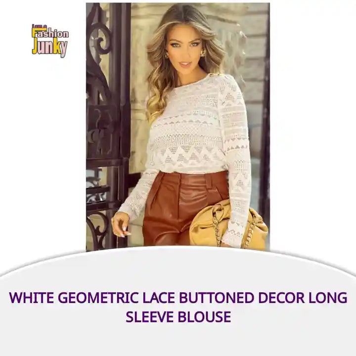 White Geometric Lace Buttoned Decor Long Sleeve Blouse by@Outfy