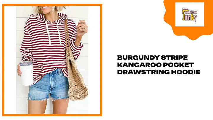 Burgundy Stripe Kangaroo Pocket Drawstring Hoodie by@Outfy