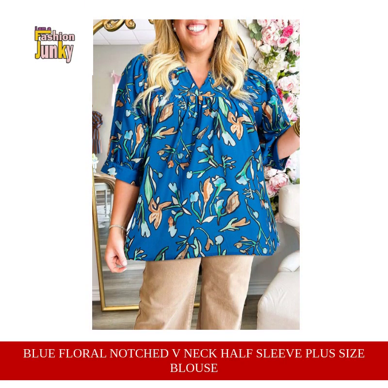 Blue Floral Notched V Neck Half Sleeve Plus Size Blouse by@Outfy