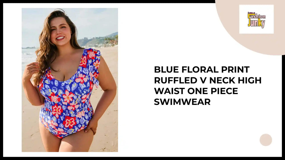 Blue Floral Print Ruffled V Neck High Waist One Piece Swimwear by@Outfy