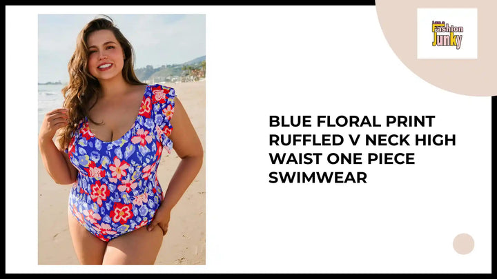 Blue Floral Print Ruffled V Neck High Waist One Piece Swimwear by@Outfy