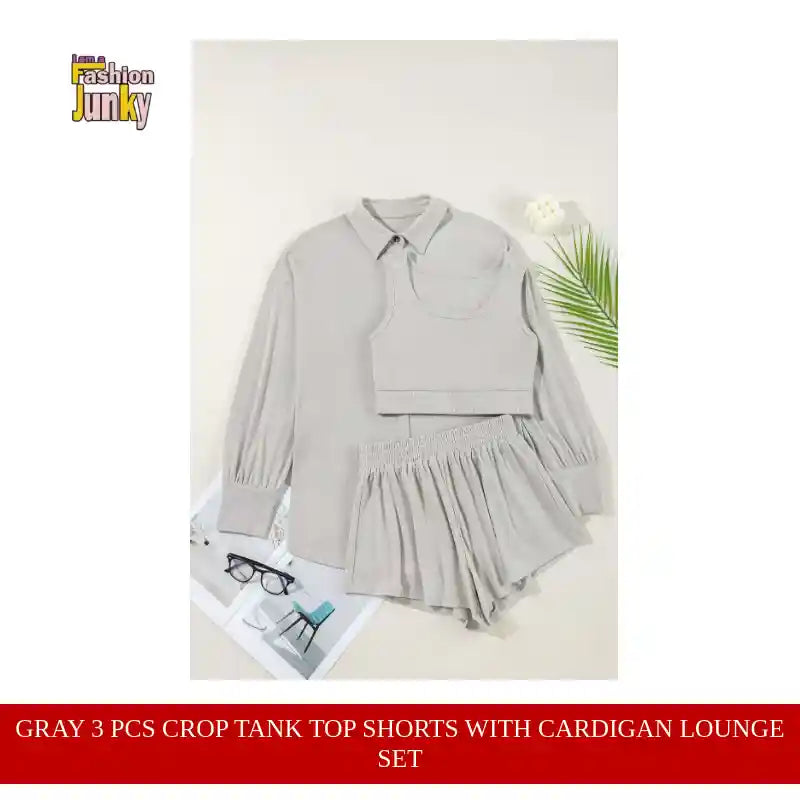 Gray 3 Pcs Crop Tank Top Shorts with Cardigan Lounge Set by@Outfy