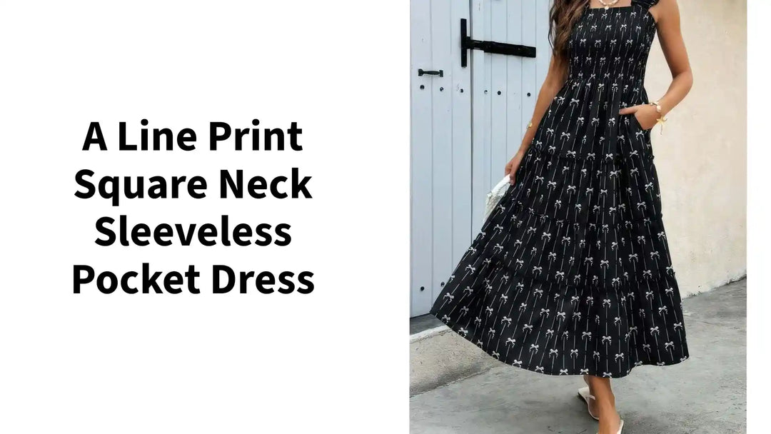 A Line Print Square Neck Sleeveless Pocket Dress by@Outfy