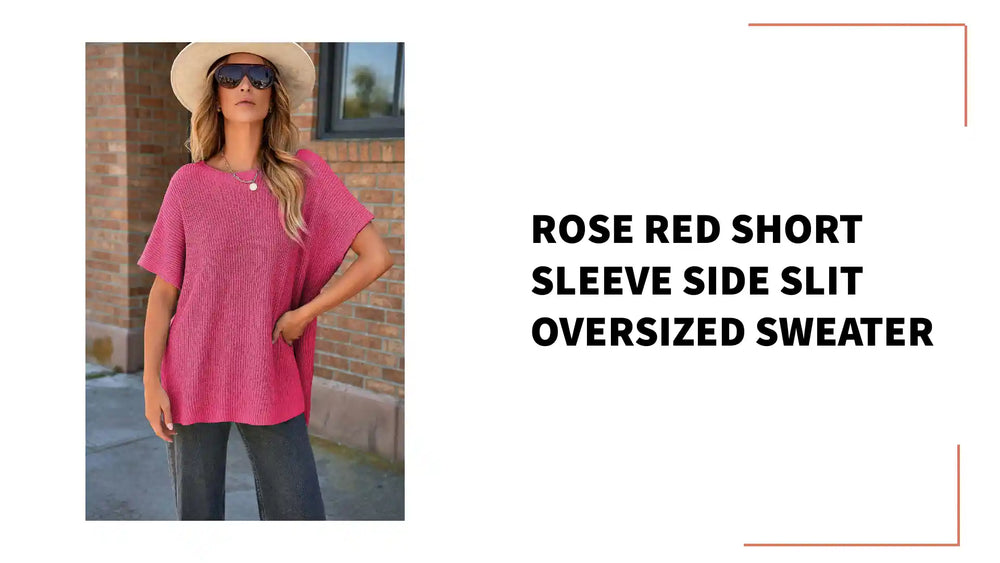 Rose Red Short Sleeve Side Slit Oversized Sweater by@Outfy