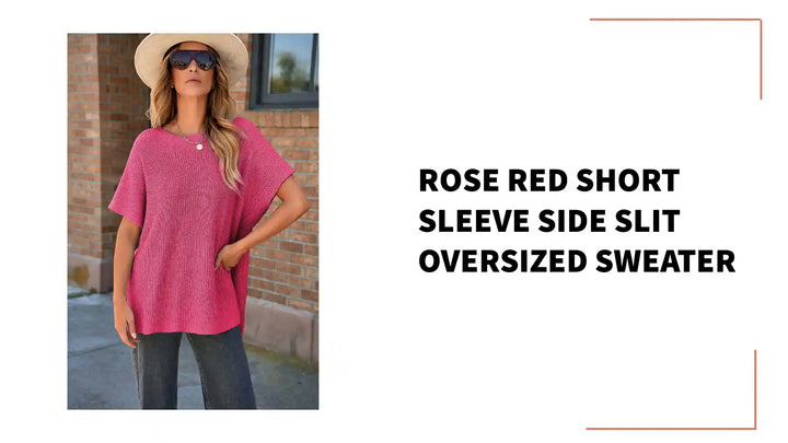 Rose Red Short Sleeve Side Slit Oversized Sweater by@Outfy
