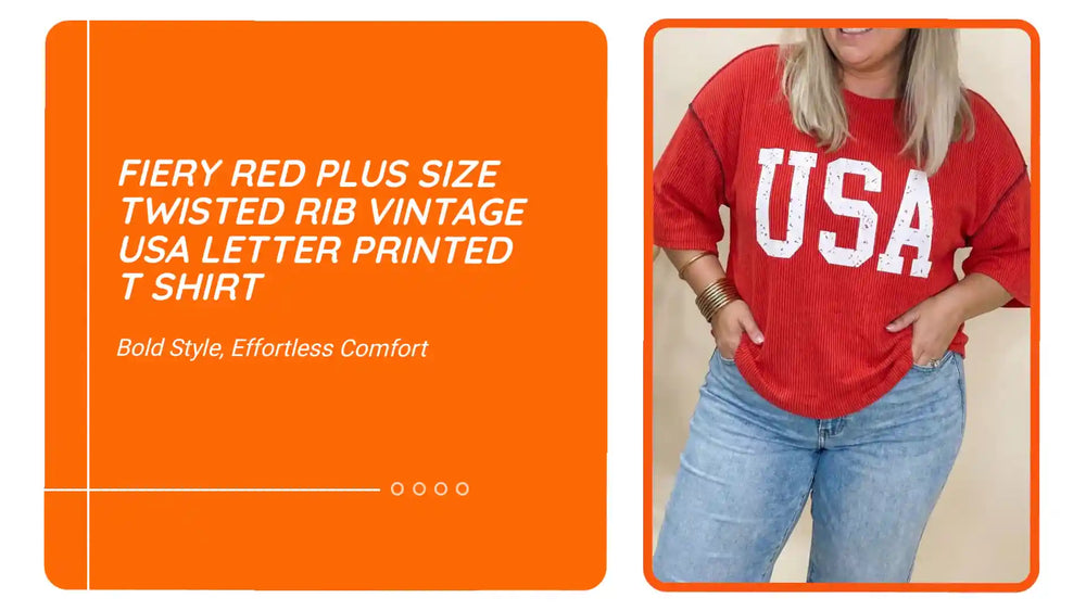Fiery Red Plus Size Twisted Rib Vintage USA Letter Printed T Shirt by@Outfy