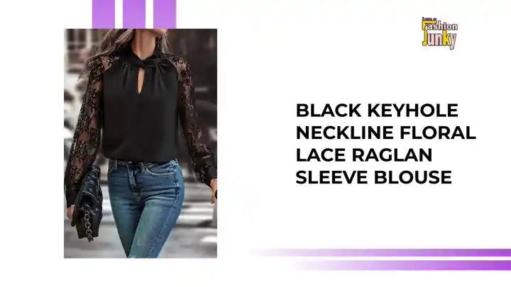 Black Keyhole Neckline Floral Lace Raglan Sleeve Blouse by@Outfy