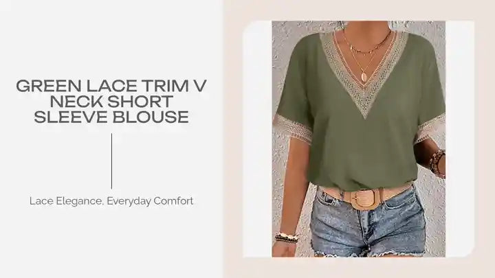 Green Lace Trim V Neck Short Sleeve Blouse by@Outfy