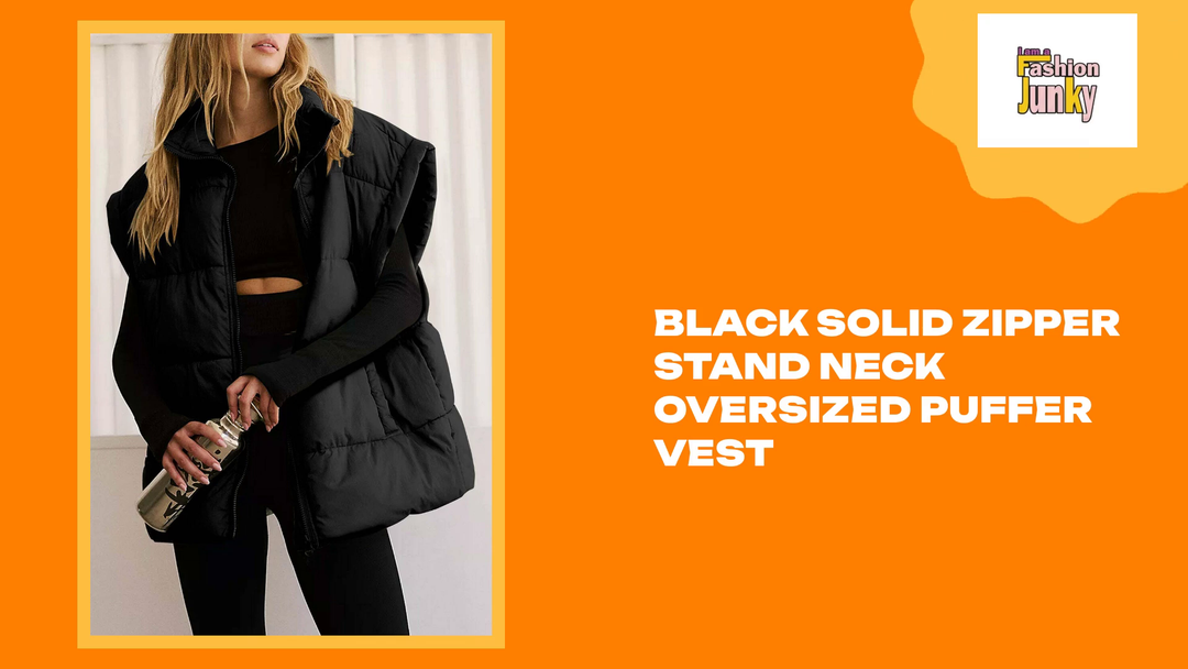 Black Solid Zipper Stand Neck Oversized Puffer Vest by@Outfy