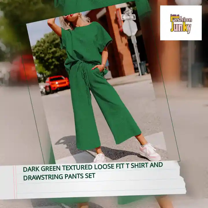 Dark Green Textured Loose Fit T Shirt and Drawstring Pants Set by@Outfy