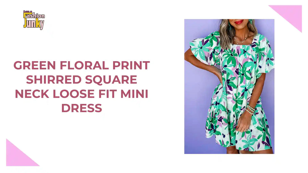 Green Floral Print Shirred Square Neck Loose Fit Mini Dress by@Outfy