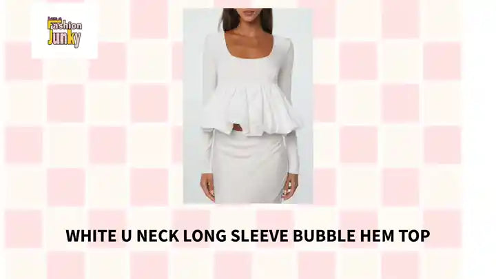 White U Neck Long Sleeve Bubble Hem Top by@Outfy