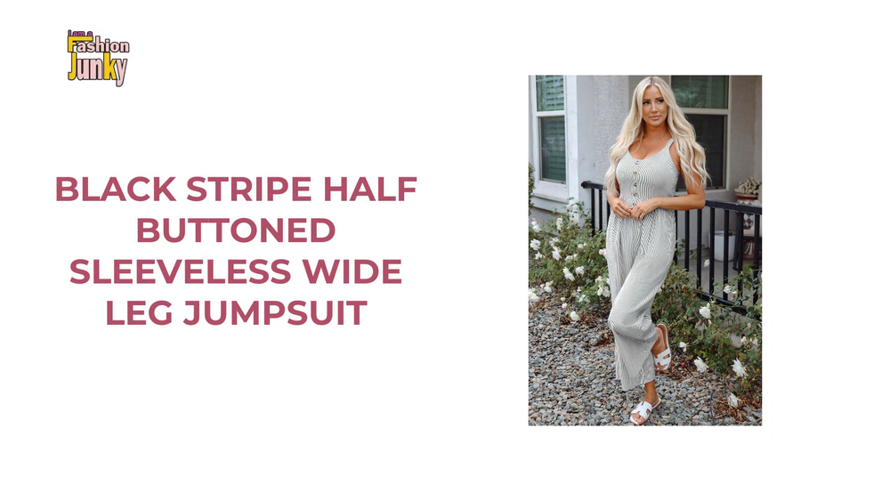Black Stripe Half Buttoned Sleeveless Wide Leg Jumpsuit by@Outfy
