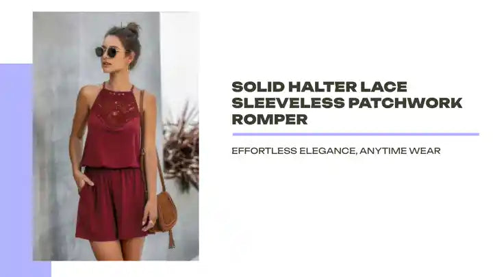 Solid Halter Lace Sleeveless Patchwork Romper by@Outfy