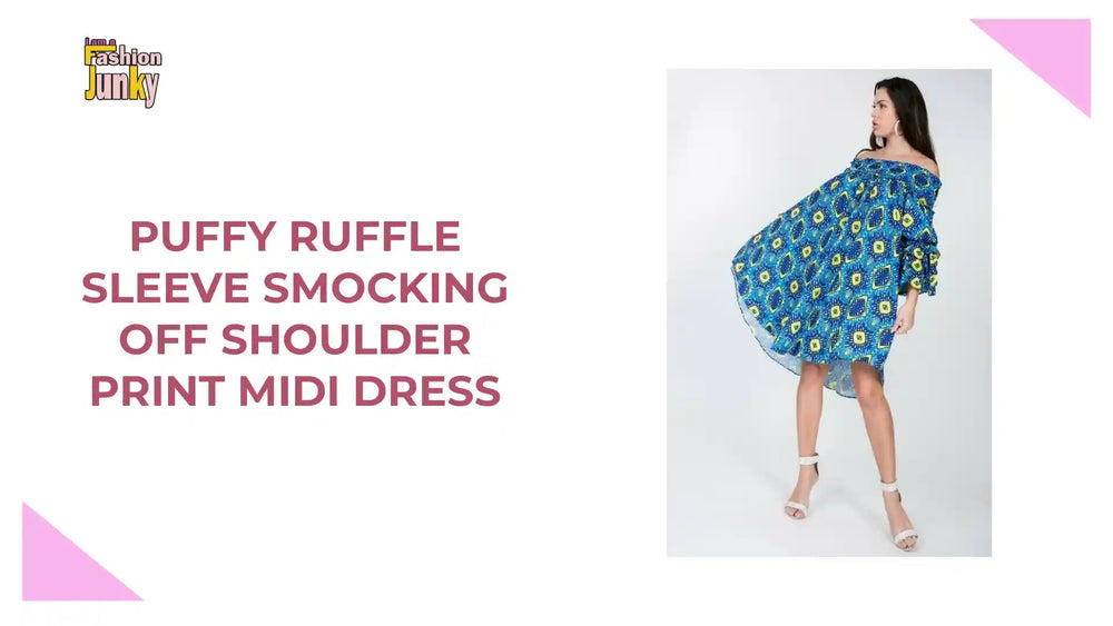 Puffy Ruffle Sleeve Smocking Off Shoulder Print Midi Dress by@Outfy
