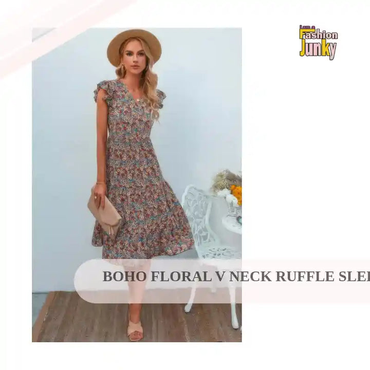 Boho Floral V Neck Ruffle Sleeve A Line Midi Dress by@Outfy