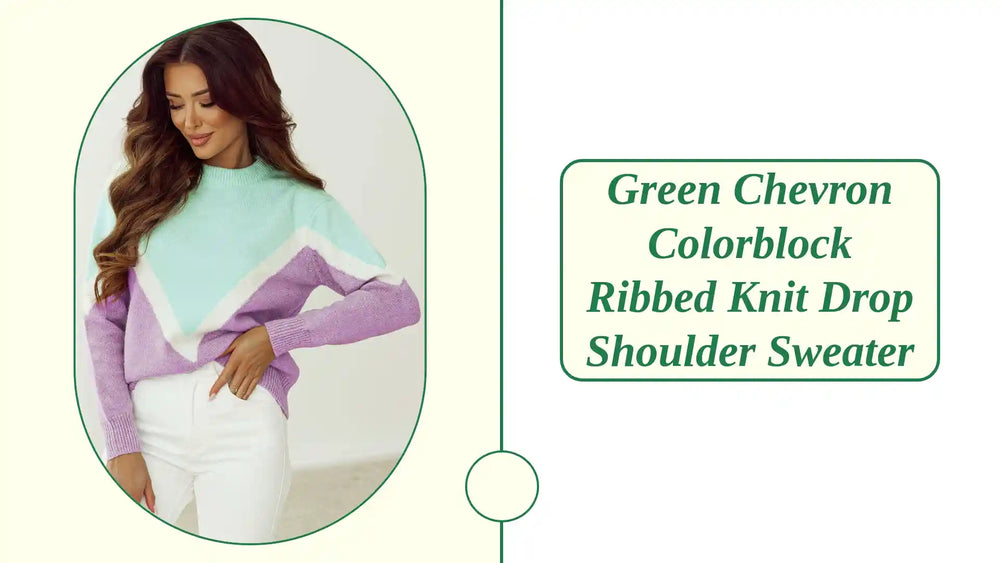 Green Chevron Colorblock Ribbed Knit Drop Shoulder Sweater by@Outfy