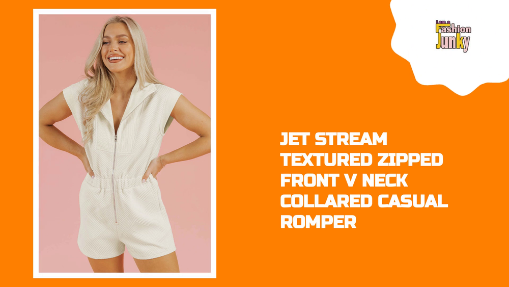 Jet Stream Textured Zipped Front V Neck Collared Casual Romper by@Outfy
