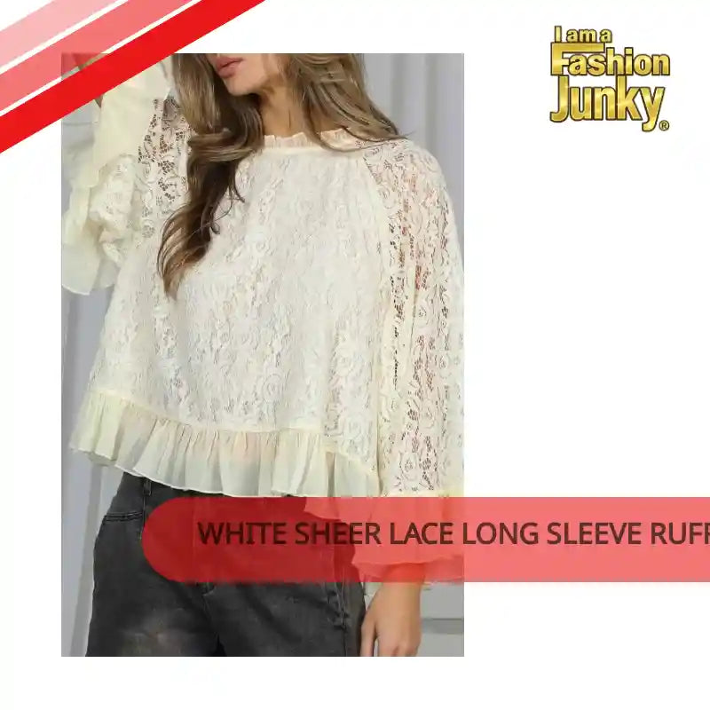 White Sheer Lace Long Sleeve Ruffle Trim Loose Blouse by@Outfy