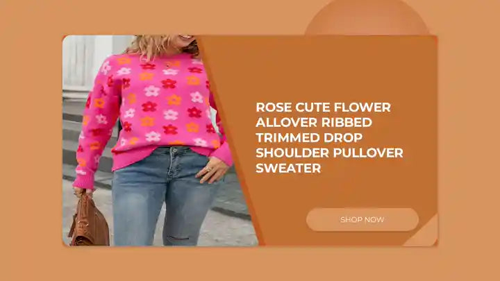 Rose Cute Flower Allover Ribbed Trimmed Drop Shoulder Pullover Sweater by@Outfy