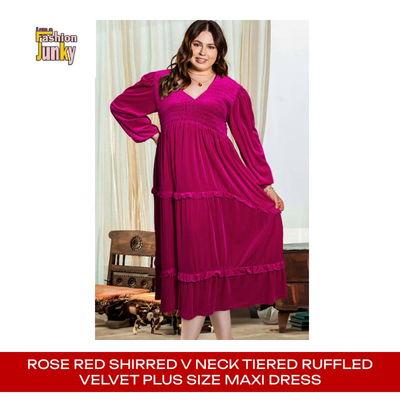 Rose Red Shirred V Neck Tiered Ruffled Velvet Plus Size Maxi Dress by@Outfy