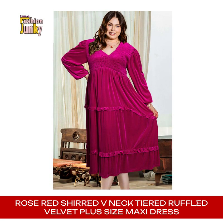 Rose Red Shirred V Neck Tiered Ruffled Velvet Plus Size Maxi Dress by@Outfy