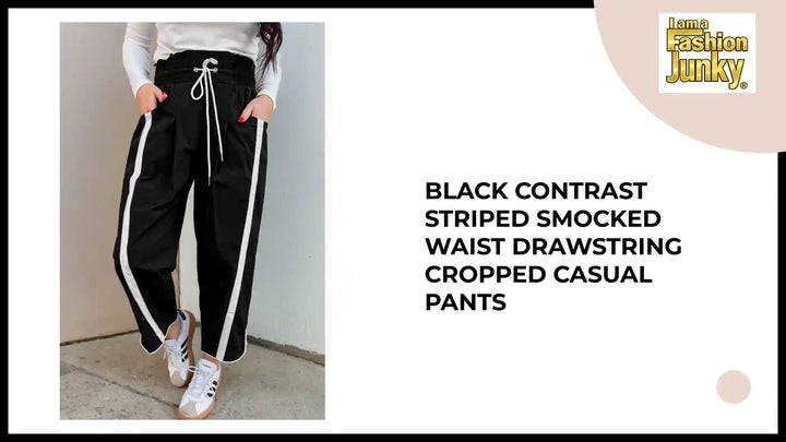 Black Contrast Striped Smocked Waist Drawstring Cropped Casual Pants by@Outfy