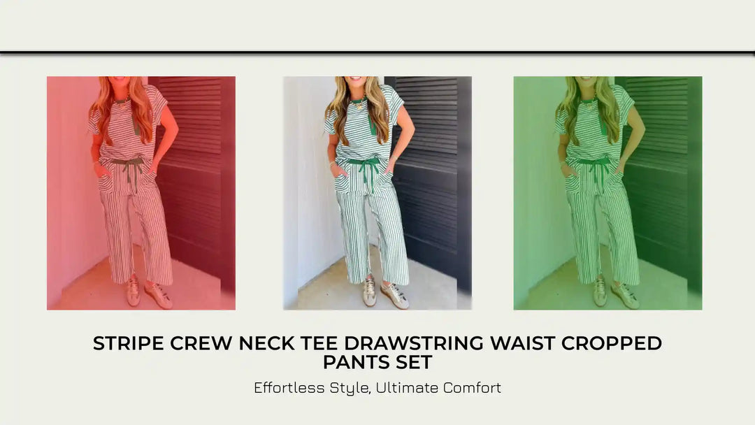 Stripe Crew Neck Tee Drawstring Waist Cropped Pants Set by@Outfy