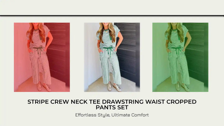 Stripe Crew Neck Tee Drawstring Waist Cropped Pants Set by@Outfy