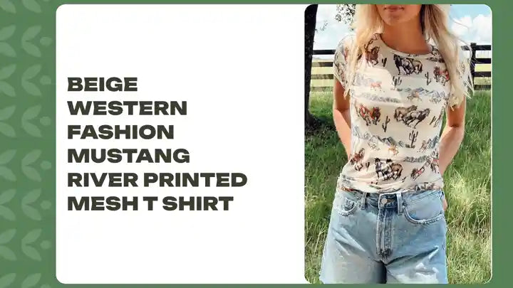 Beige Western Fashion Mustang River Printed Mesh T Shirt by@Outfy