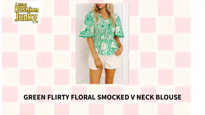 Green Flirty Floral Smocked V Neck Blouse by@Outfy