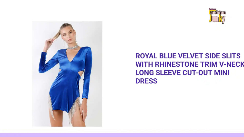 Royal Blue Velvet Side Slits With Rhinestone Trim V-neck Long Sleeve Cut-out Mini Dress by@Outfy