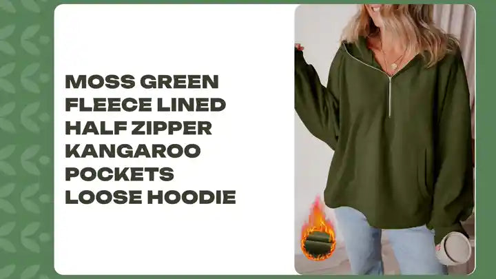 Moss Green Fleece Lined Half Zipper Kangaroo Pockets Loose Hoodie by@Outfy