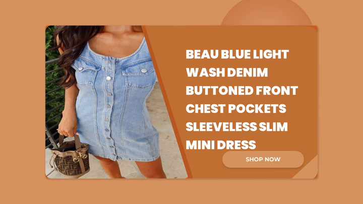 Beau Blue Light Wash Denim Buttoned Front Chest Pockets Sleeveless Slim Mini Dress by@Outfy