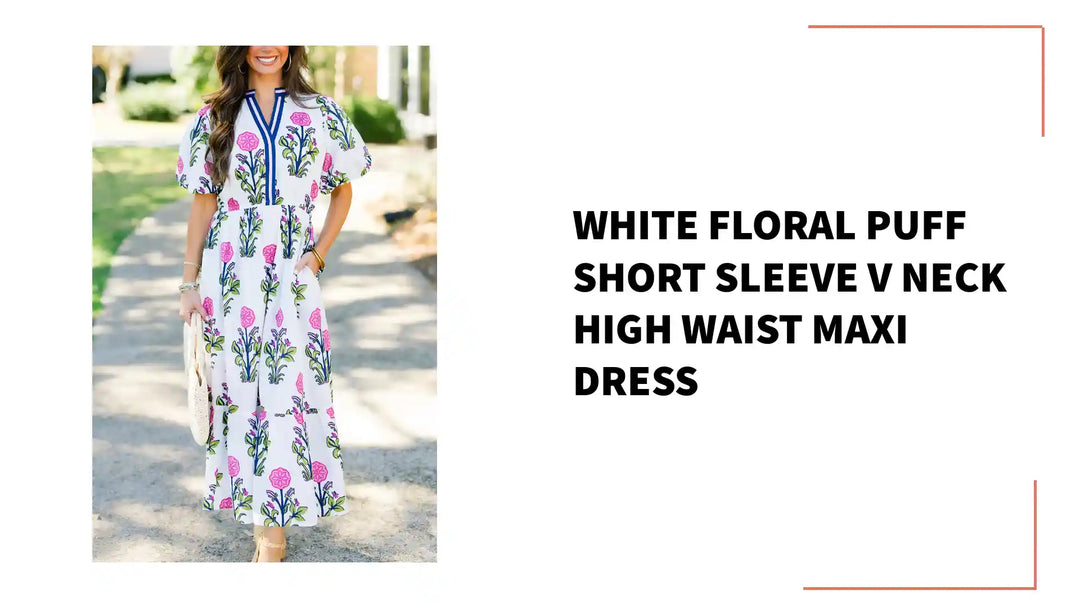 White Floral Puff Short Sleeve V Neck High Waist Maxi Dress by@Outfy