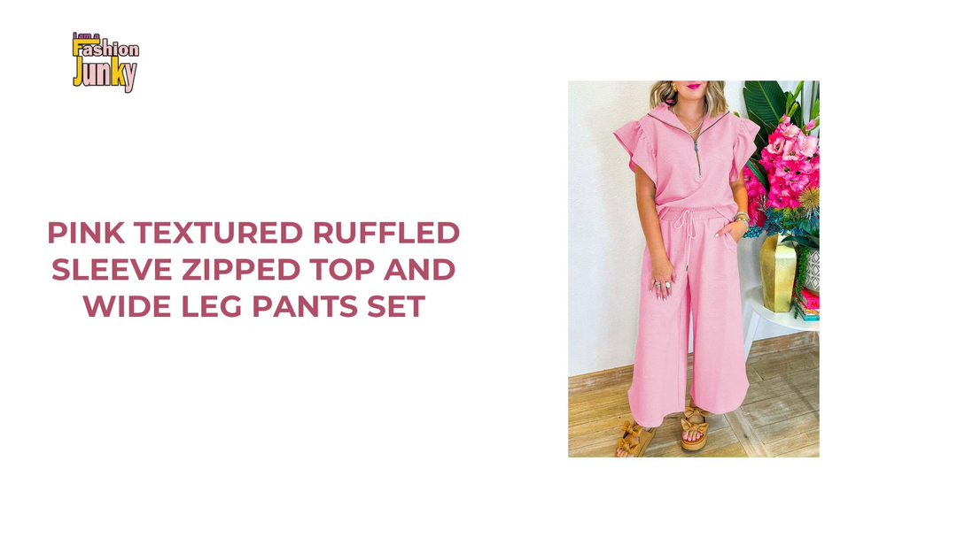 Pink Textured Ruffled Sleeve Zipped Top and Wide Leg Pants Set by@Outfy