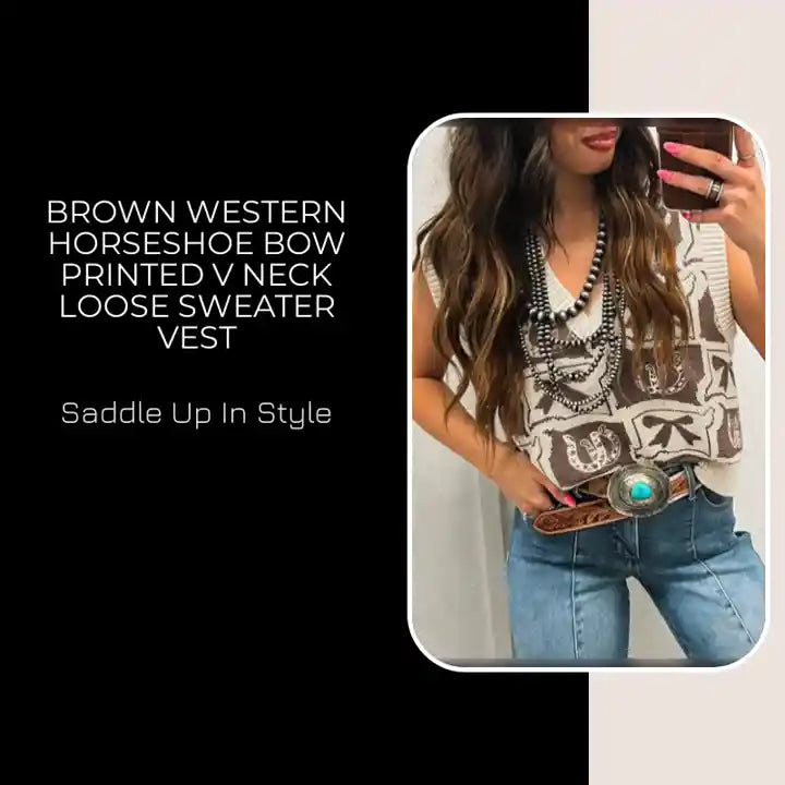 Brown Western Horseshoe Bow Printed V Neck Loose Sweater Vest by@Outfy