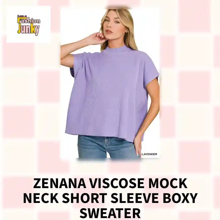 Zenana Viscose Mock Neck Short Sleeve Boxy Sweater by@Outfy
