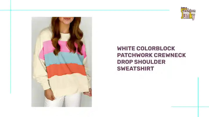 White Colorblock Patchwork Crewneck Drop Shoulder Sweatshirt by@Outfy