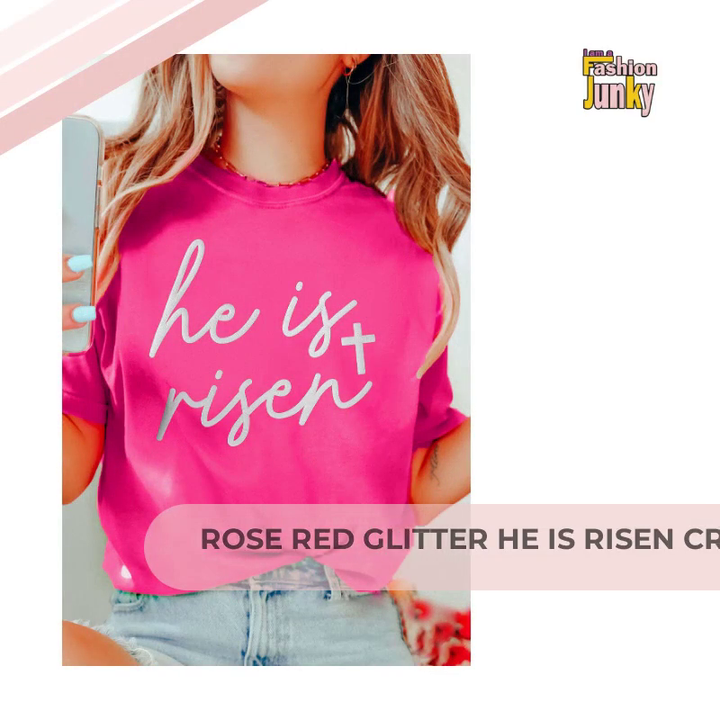 Rose Red Glitter he is risen Cross Printed Crewneck Tee by@Outfy