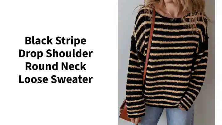 Black Stripe Drop Shoulder Round Neck Loose Sweater by@Outfy