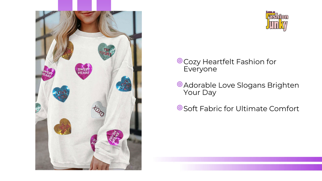 White Valentines Slogan Heart Sequin Corded Baggy Sweatshirt by@Outfy