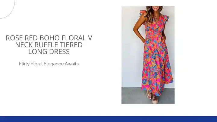 Rose Red Boho Floral V Neck Ruffle Tiered Long Dress by@Outfy