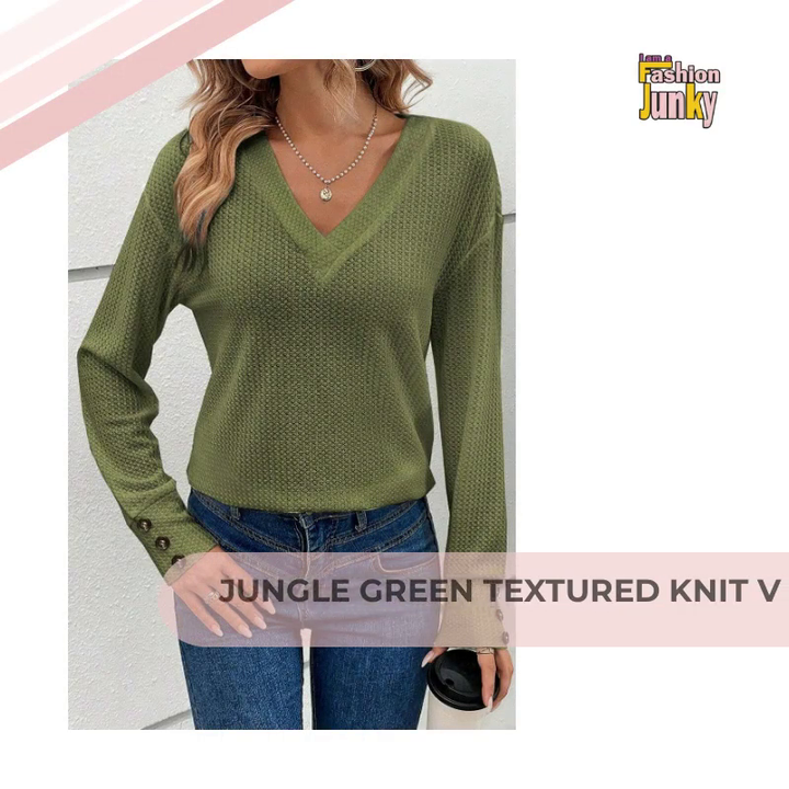 Jungle Green Textured Knit V Neck Button Cuffs Long Sleeve Top by@Outfy