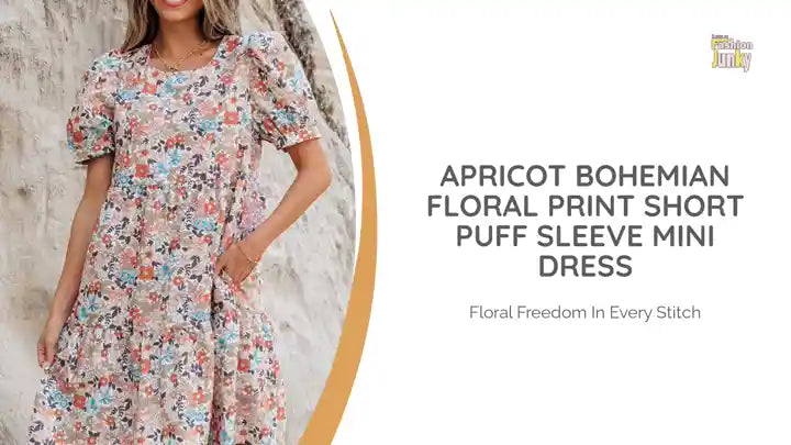 Apricot Bohemian Floral Print Short Puff Sleeve Mini Dress by@Outfy