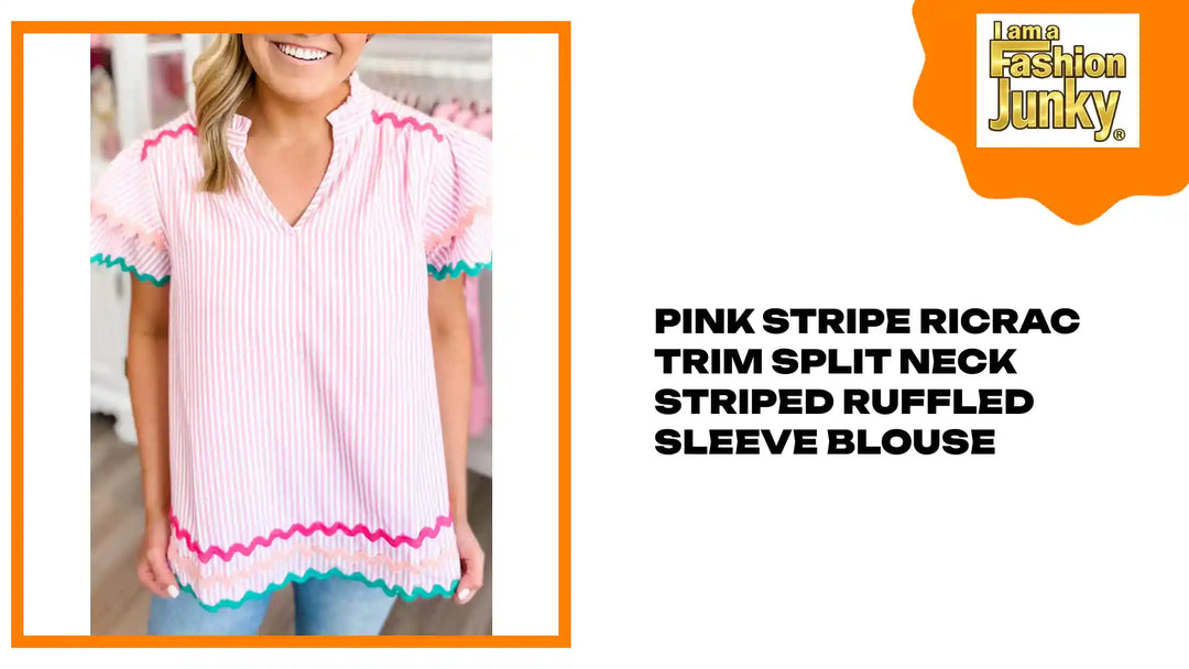 Pink Stripe Ricrac Trim Split Neck Striped Ruffled Sleeve Blouse by@Outfy