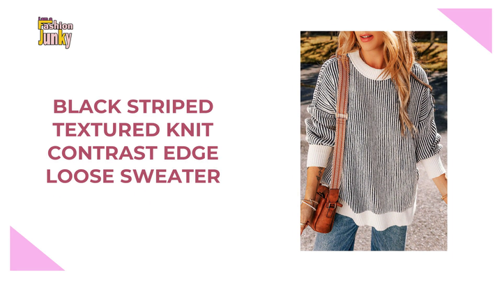 Black Striped Textured Knit Contrast Edge Loose Sweater by@Outfy