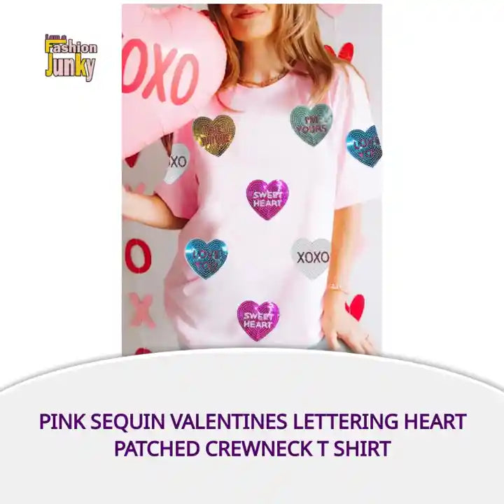Pink Sequin Valentines Lettering Heart Patched Crewneck T Shirt by@Outfy