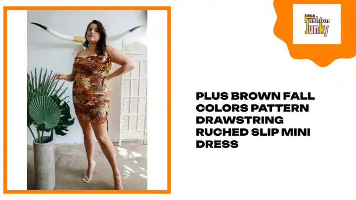 Plus Brown Fall Colors Pattern Drawstring Ruched Slip Mini Dress by@Outfy