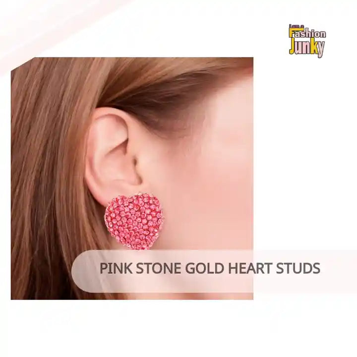 Pink Stone Gold Heart Studs by@Outfy
